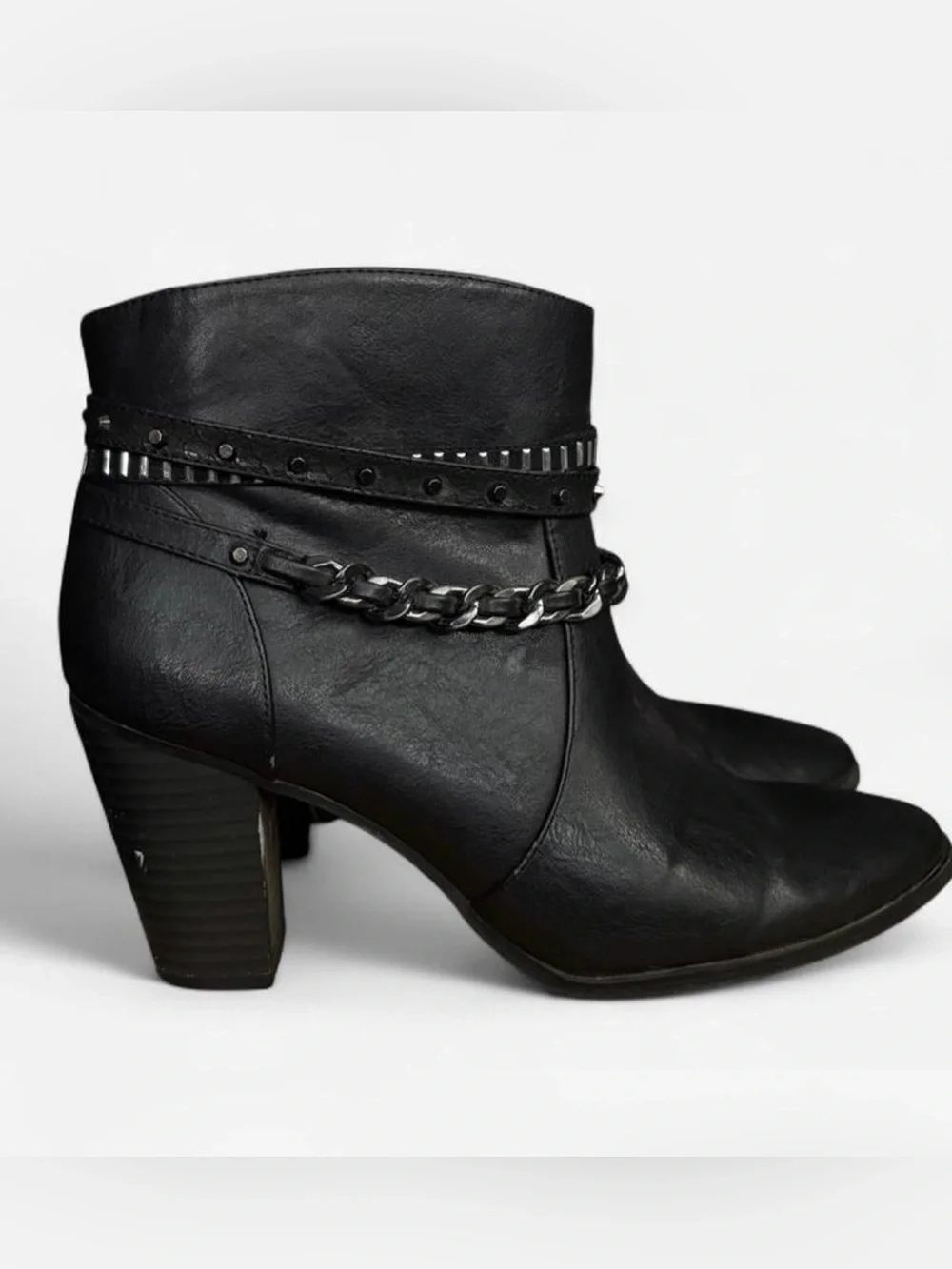 Jennifer Lopez Black and Silver Chain Detail Ankle Booties Faux Leather Size 9.5